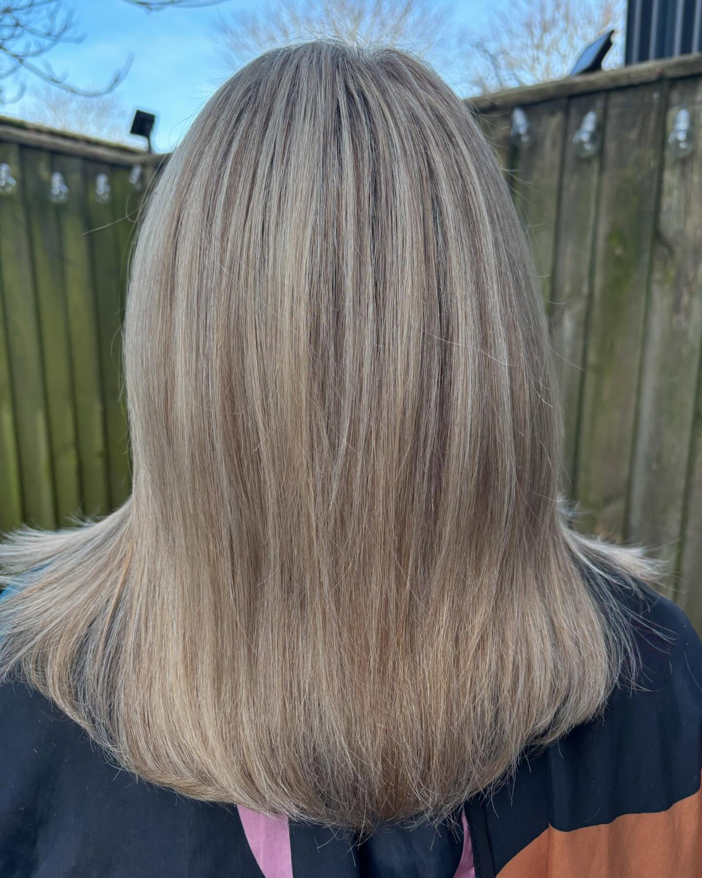 Cool ash blonde one-length cut, seen from behind